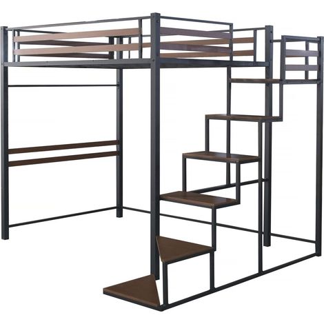 Letto a soppalco in metallo con scala "LENA" - 140 x 200 cm - Nero e marrone noce