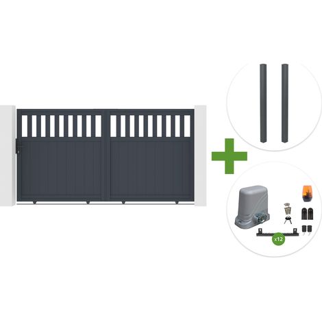 Portail coulissant 3m SANTIS H.160cm aluminium gris + 2 poteaux ELDA aluminium gris 15x15cm + motorisation Tanker C600 (1/5)