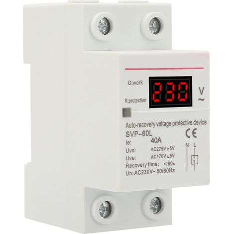 Dispositif de Protection contre les Surtensions et les Sous-tensions 230 V 40 A avec Parasurtenseur Domestique à Récupération Automatique et Montage sur Rail DIN de Protection (1/5)