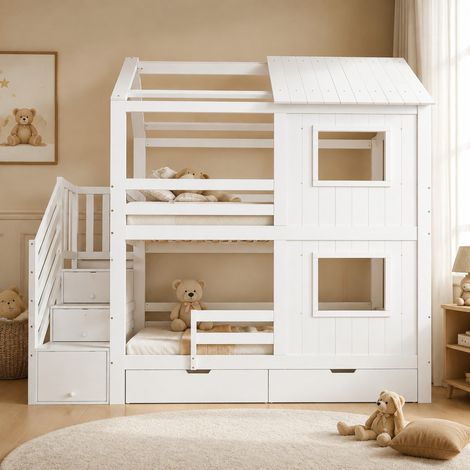 Letto castello 90x200 cm legno MDF bianco, scala con vani, salvaspazio, senza materasso – MEUBLIV (1/5)