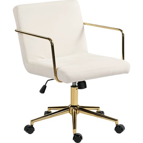 Chaise de bureau à roulettes avec détails dorés, chaise d'ordinateur avec piètement en métal, revêtement en tissu aspect velours, blanc crème
