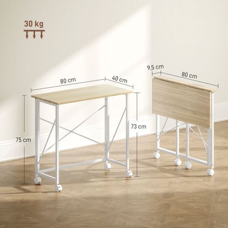 Bureau escamotable sur roues, compact, structure en acier et panneau MDF, teinte naturelle, idéal petit espace, mobile et pratique. (1/5)