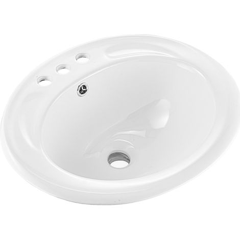 Lavabo de salle de bain semi-encastré, vasque ovale en céramique blanche de 485 x 425 mm avec trop-plein et 3 trous de robinet, évier moderne à encastrer, pour petits espaces, maison et hôtel (1/5)