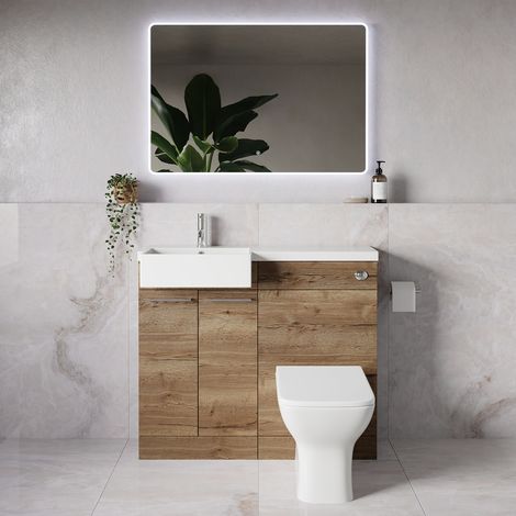 Napoli 250 Tobacco Oak 1000mm 2 Door Vanity Unit Toilet Suite with Left Hand Square Rico Semi Recessed Basin - 1000mm - Chrome 160mm HandleWith Kingston Toilet Pan and Seat