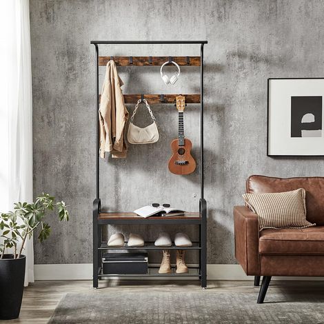 VASAGLE Perchero con Zapatero, Perchero con Banco, Zapatero con Ganchos Desmontables, Altura 183 cm, Acero, Industrial, Marrón Rústico y Negro HSR400B01 (1/5)