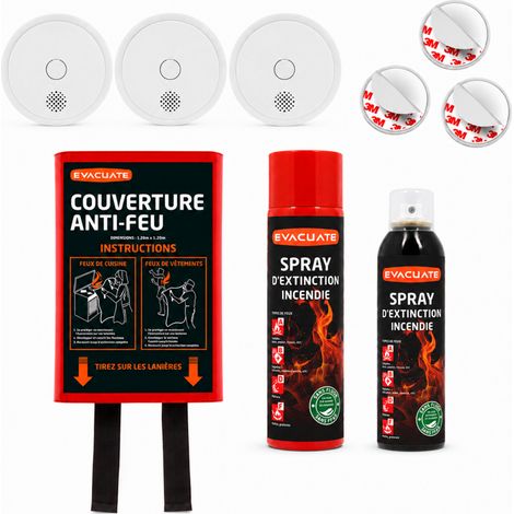 EVACUATE Lot Sécurité Incendie – 3 détecteurs de fumée interconnectables, autonomie 10 ans, garantie 3 ans, fixations magnétiques, couverture anti-feu, 2 sprays extincteur Evacuate (1/5)