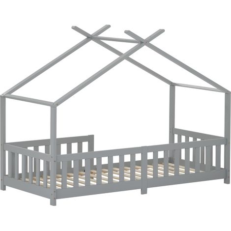Letto a casetta per bambini con barriera e rete a doghe 90 x 200 cm grigio MODENUIT (1/5)