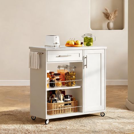 Chariot de cuisine avec plan de travail en marbre blanc en MDF (1/5)