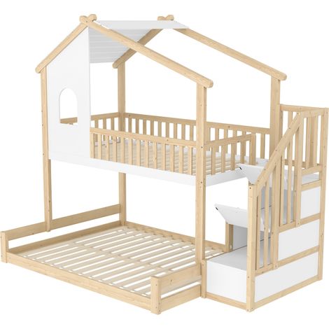 Cama alta casita 90x200 cm + 140x200 cm con barrera y escalera de almacenaje (1/5)
