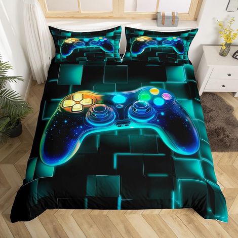 Housse de Couette 140x200 Enfant Gamer, Parure de Lit Ado Garcon Gaming Deco Gamer, Sets de Housses de Couettes Jeux Vidéo Manette de Jeu, Couvre Lit Carré Géométrique Lumineux Au Néon - 140x200cm + 1 (1/5)