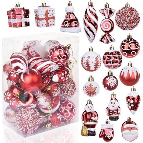 39 Pièces Boules de Noël, Blanc et Rouge Décoration de Noel Ornements avec Père Noël Bonbon Decorative Boule Sapin Noël Suspension Ornements Décoratifs Pendentifs Cadeaux (1/5)