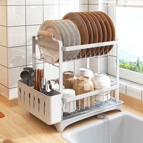 – Égouttoir à vaisselle double niveau en acier au carbone – Rangement vertical pour assiettes, tasses et couverts – Drainage rapide – 36 x 26 x 37,5 cm (1/5)
