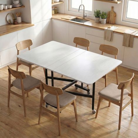 Table à Manger Pliante sur Roulettes pour 4-6 Personnes 120 cm, Roues avec Freins, 2 Abattants, Industriel, Blanc Noir (1/5)