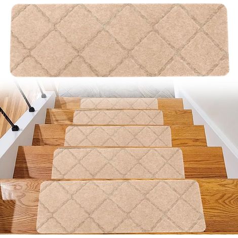 Lot de 15 tapis autocollants pour marches d'escalier, 55 x 19 cm, pour l'intérieur, la maison, les escaliers en bois, carrelage et marbre (beige) (1/5)