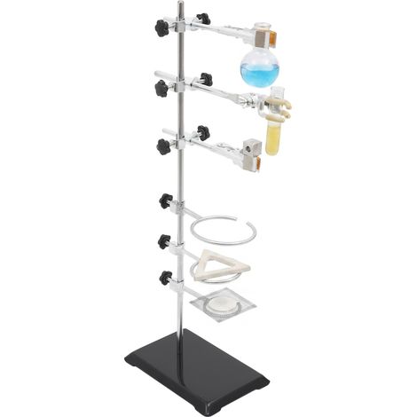 Virellio – Support de laboratoire – Hauteur 60 cm, base 14×21 cm – 3 pinces à ballons + 3 anneaux (10/8/6 cm) + 3 pinces croisées (1/5)