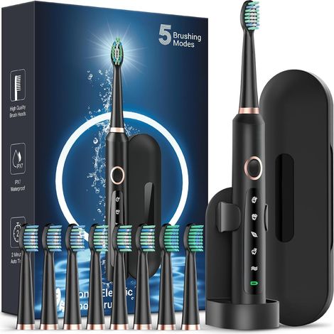 Brosse à dents électrique sonique pour adultes et enfants - Brosse à dents électrique rechargeable pour enfants de 12 ans et plus et adultes avec 8 têtes de brosse et étui de voyage, autonomie de 120 
