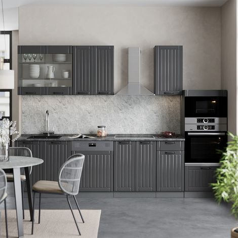 Cuisine Fame-Line, Gris foncé, 300cm avec armoire haute, PT Marbre, Vicco