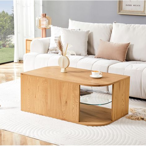 Table basse 100x60x42 cm avec rangement, bois naturel et étagère en verre, table de salon moderne pour petit espace (1/5)