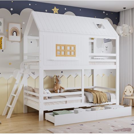 Lit superposé enfant 90 x 200 cm avec 2 tiroirs, échelle, sommier à lattes, Lit cabane, lit enfant,blanc (1/4)