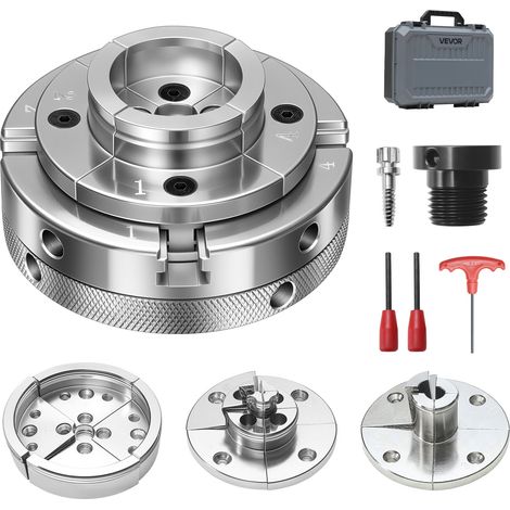 VEVOR 4 Zoll Drechselfutter Zentrierfutter (4 Backen) mit 1 Zoll x 8TPI Gewinde & Adapter, 5-tlg. Spannbacken Set (Stufen/Rund/Stift), Vernickelte Oberfläche mit Tragekoffer für Holzdrehbänke (1/5)