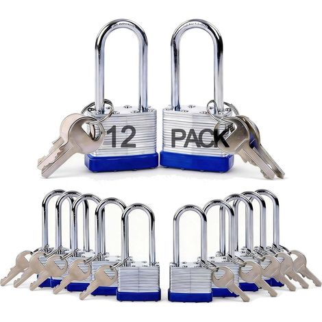 Lot de 14 cadenas plastifiés à clés identiques avec clé identique à anse longue en acier trempé - Corps de 4,4 cm de large - Lot de 14 cadenas avec 2 clés (1/5)
