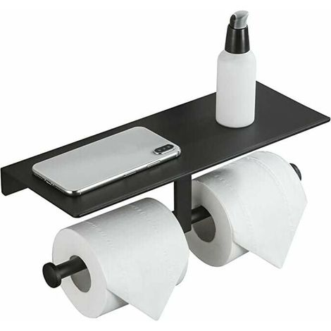 Porte Rouleau de Papier Toilette Hygiénique sans Perçage avec Etagère de Téléphone Portable Support Mural Double pour Salle de Bains (Noir) (1/4)
