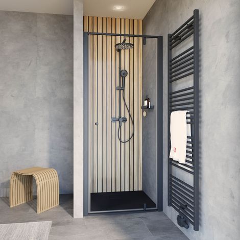Porte de douche pivotante, verre 6 mm transparent, profilé noir, Trend 2.0 Schulte, 100 x 200 cm