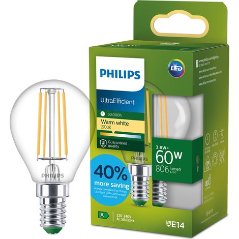 Ampoule LED Filament Claire P45, Petit Culot Edison E14, Classe Énergétique A, 806 lm, Équivalent 60W, Blanc Chaud (2700K), 50 000 Heures, 1 Pack (1/5)