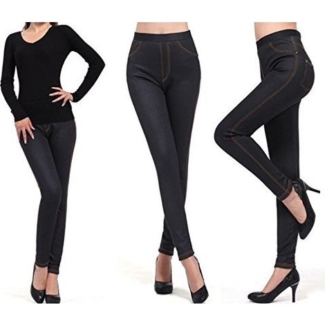 Leggings efecto tejano sin botón con interior de felpa  Color: Negro - Talla: S-M