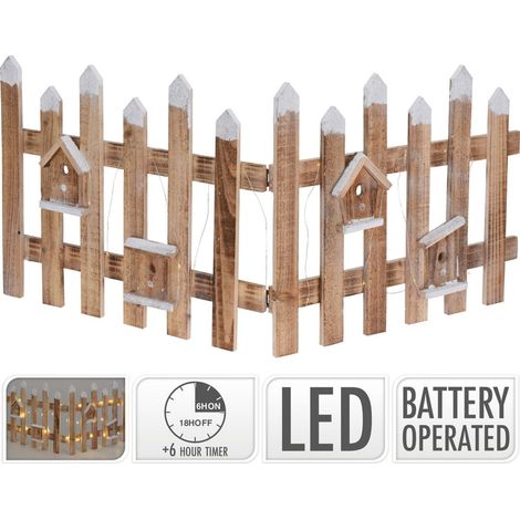 ECD Germany Deko Holz Zaun mit LED in natur, 98 x 39 cm, inkl. Vogelhäuschen, batteriebetrieben, mit Timer, Mini Gartenzaun beleuchtet Mini-Lattenzaun Weihnachtsbaum-Zaun Weinachtsdeko Winter Gatter