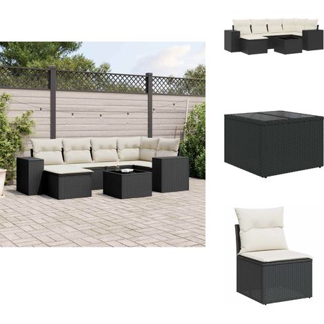 7-tlg. Garten-Sofagarnitur mit Kissen Schwarz Poly Rattan - Gartenmöbel Set - Esstischset - Outdoor Möbel - Lounge Set - Rattan Gartenmöbel (1/5)