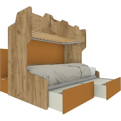 Letto a castello salvaspazio con scala contenitore - 1 Piazza e mezza + singolo - Quercia e zolfo