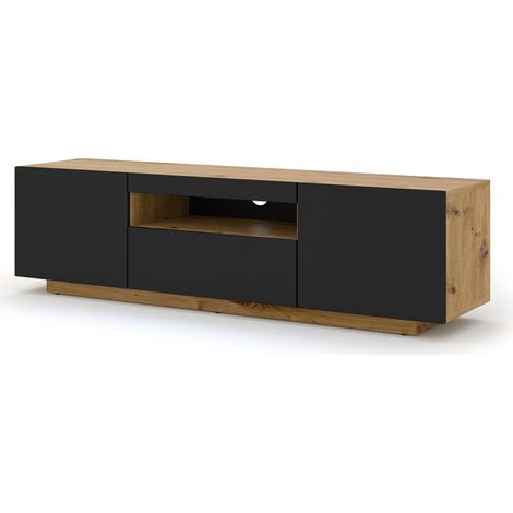 Bim Furniture – Meuble TV suspendu ou sur pied 150x42/36x37 cm – Structure chêne et façades noir mat – Étagère ouverte pour appareils électroniques