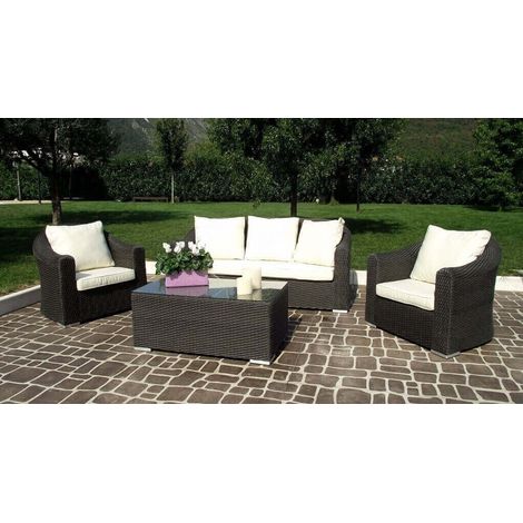 Set salotto per esterno divano 3 posto 2 poltrone con cuscini e tavolo in wicker MONACO -  SaddleBrown