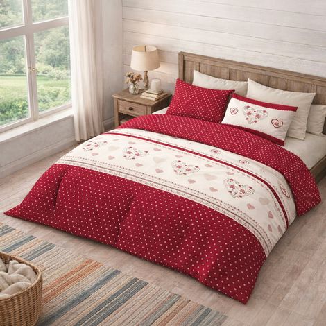 Copripiumino Cuore Stella Alpina Rosso 100% Cotone - Set Letto Invernale con Federe, Bottoni e Patella 40 cm MATRIMONIALE 2 PIAZZE