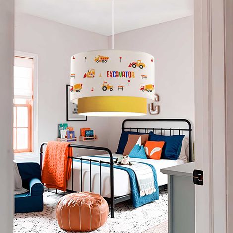 Lámpara colgante infantil Lurgan 1xE27 motivo de vehículos de construcción 70xØ30 cm - Blanco/Dorado [lux.pro] (1/4)