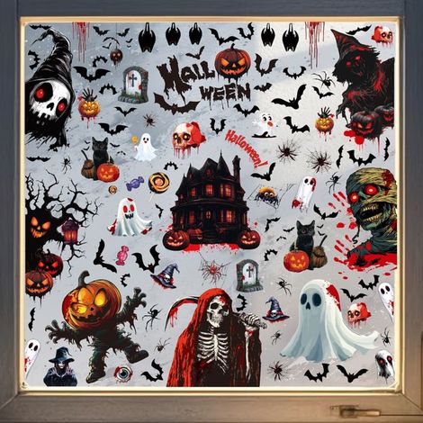 9 Feuilles Autocollants Amovibles Fenêtres et Stickers Muraux pour Décoration de Fête Halloween (Chauves-souris, Crânes,Citrouilles) (1/5)