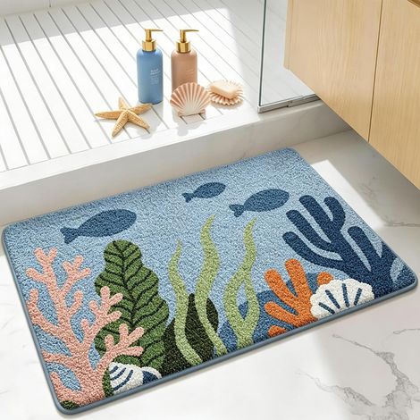 Tapis de salle de bain de plage, tapis de bain antidérapant absorbant avec motif d'étoiles de mer et coquillages, tapis de salle de bain en microfibre douce pour douche, cuisine et couloir (1/5)