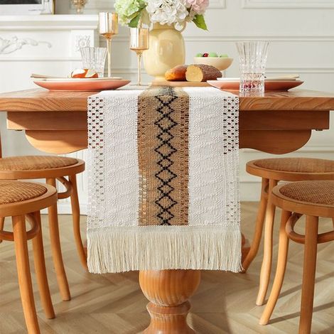 Tischläufer aus Leinen, Baumwoll Leinen, im Boho Stil, weicher Küchentischläufer mit Quasten, waschbar, für Hochzeiten, Feste, Landhausdekoration (1/5)