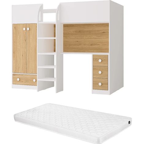 Letto a soppalco 90 x 190 cm con armadio e scrivania Bianco e Naturale + Materasso - CINAMO (1/5)