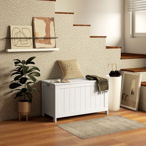 Coffre de rangement en MDF blanc 81 cm avec couvercle, charnière de sécurité et poignées (1/5)