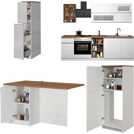 Dmora - Komplette Küche Baptiste, Modulares Küchenset, Modulare Küche mit mehreren Elementen, 100 % Made in Italy, Glänzendes Weiß und Eiche, mit verstärkter Verpackung
