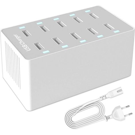 USB-Ladestation, 50 W 10-Port USB-Lade-Hub, Multi-Port USB-Ladegerät mit Smart Detect – Kompatibel mit iPhone, Galaxy, iPad-Tablets und anderen USB-ladefähigen Geräten (1/5)