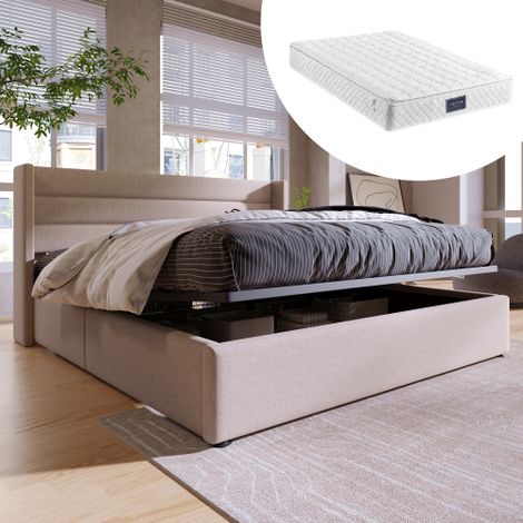 Letto contenitore, letto imbottito, letto matrimoniale idraulico 140x200 cm, materasso incluso, rete a doghe in legno, struttura letto a doghe in metallo, biancheria, beige