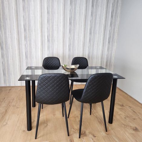 Dining Table and 4 Chairs Black Glass 4 Leather Black Chairs Dining Room Furniture (1/5)