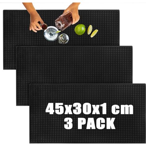 3 Pièces Tapis de Bar en PVC Noir 45 x 30 x 1 cm, Surface Antidérapante pour Verres, Cocktails, Comptoirs de Cuisine, Machine à Café, Restaurant et Hôtel (1/5)