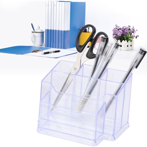 Porte-crayons transparent multifonction avec rangement pour cartes - Accessoire de bureau blanc (1/5)