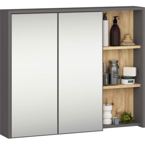 Armoire salle de bains VAMI suspendu avec miroir Gris Graphite et Chêne Artisan 90 cm 2 portes 6 étagères 90x15x75 cm (1/5)
