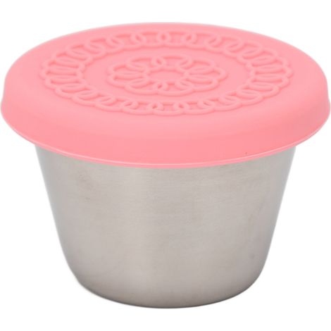 Récipient miniature en acier inoxydable pour sauce, 70ml, couvercle étanche en silicone rose, idéal pour salon de beauté et cuisine. (1/5)