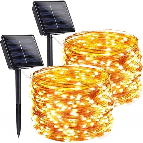 BEBUSINGOTO Guirlandes lumineuses solaires, paquet de 2 guirlandes lumineuses solaires 100 Led 33 pieds 8 modes étanches (1/5)